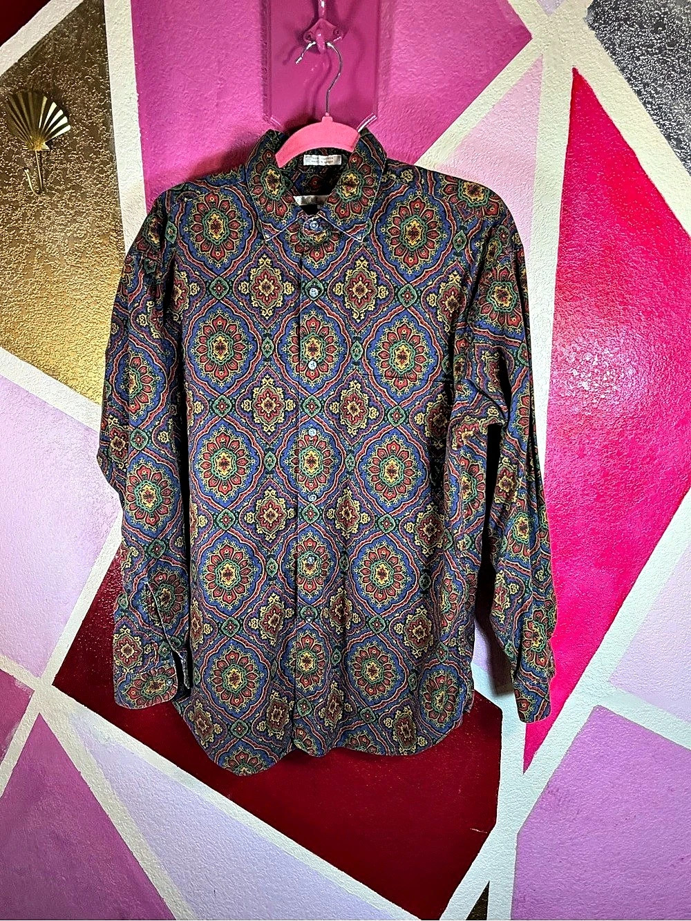 Vintage 90s Perry Ellis Medallion Print Button Down Shirt Cotton Men's M